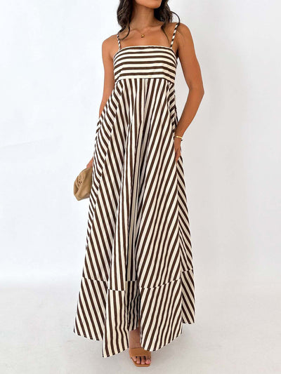 Striped Maxi Dress – Sleeveless Pleated Summer Dress in Mocha & Cream – Noemi