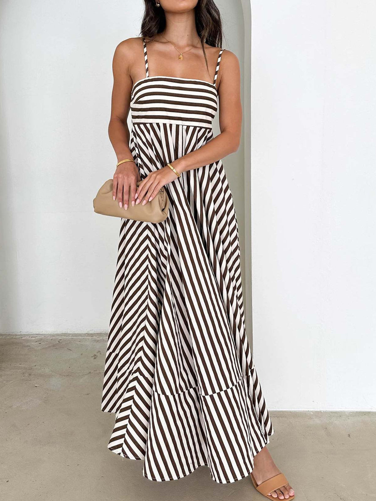 Striped Maxi Dress – Sleeveless Pleated Summer Dress in Mocha & Cream – Noemi