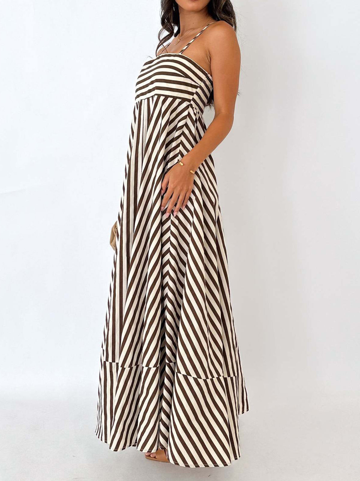 Striped Maxi Dress – Sleeveless Pleated Summer Dress in Mocha & Cream – Noemi