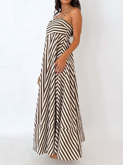 Striped Maxi Dress – Sleeveless Pleated Summer Dress in Mocha & Cream – Noemi