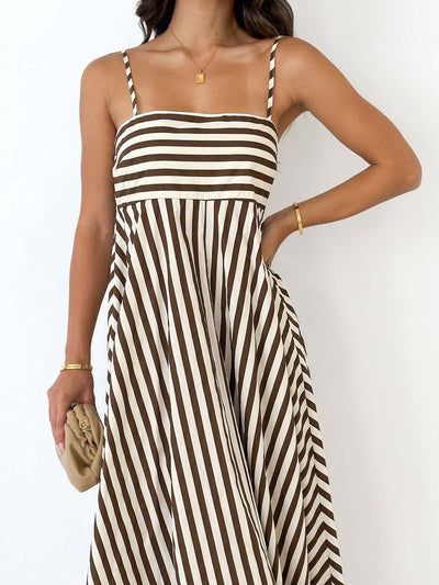 Striped Maxi Dress – Sleeveless Pleated Summer Dress in Mocha & Cream – Noemi
