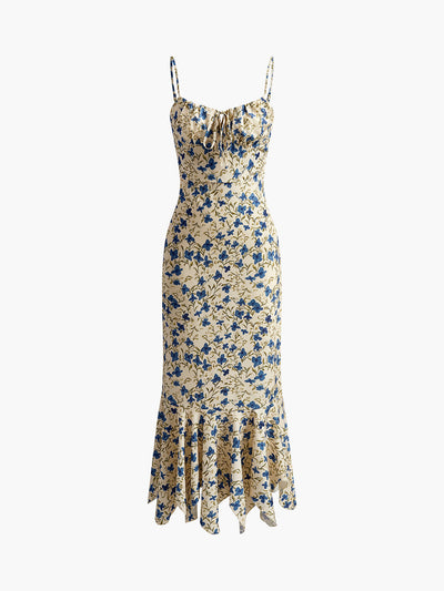 Lily - Floral Print Knotted Irregular Hem Long Dress