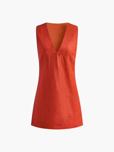 Clarise - Cotton & Linen V-Neck Short Dress