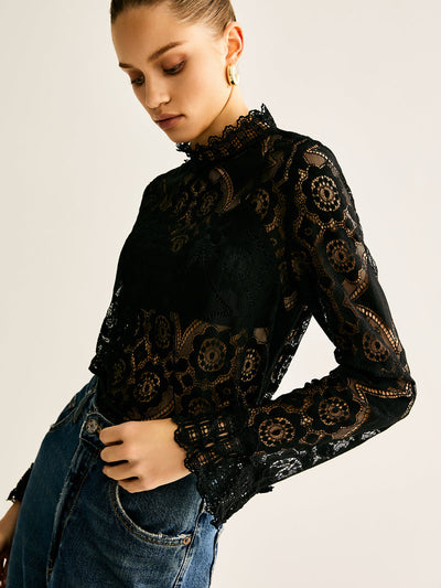 Blouse - Women - Long Sleeve Lace Top with High Neck - Elvire