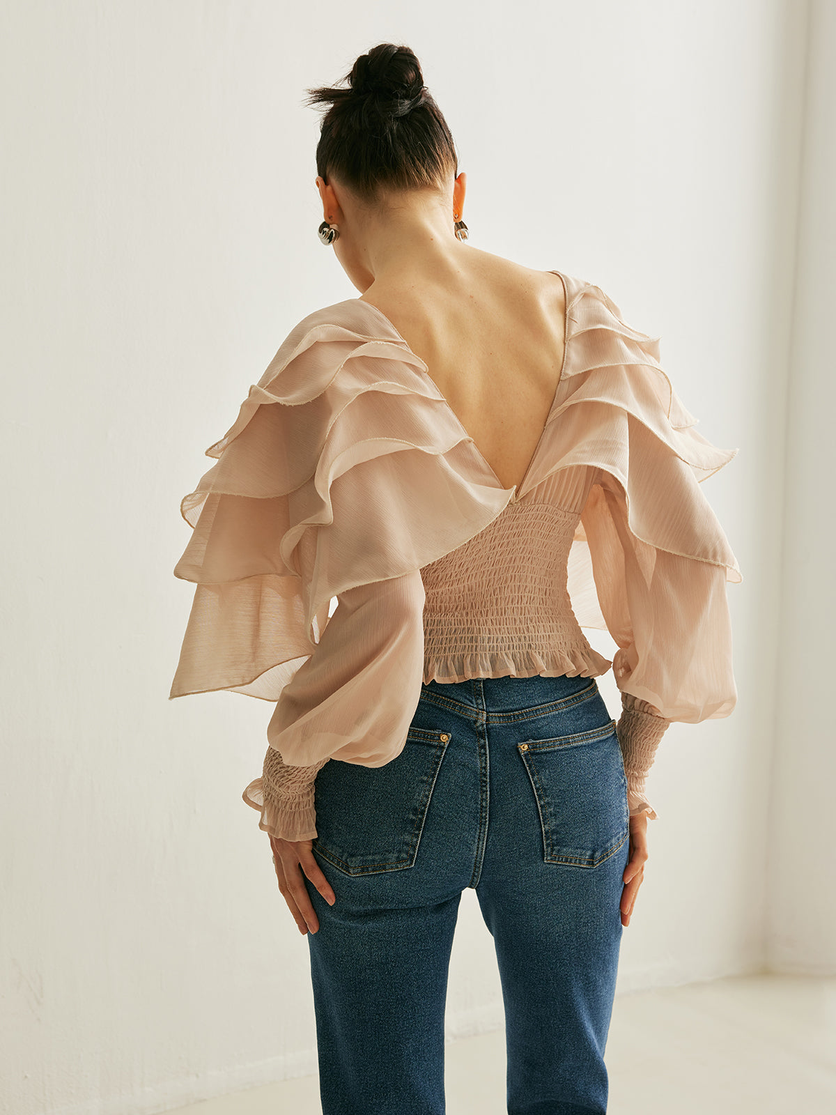 Semi-Sheer Chiffon Ruffle Backless Top