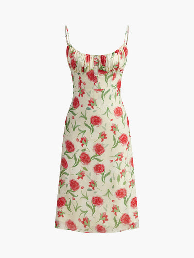 Gisela - Floral Ruched Button Detail Dress