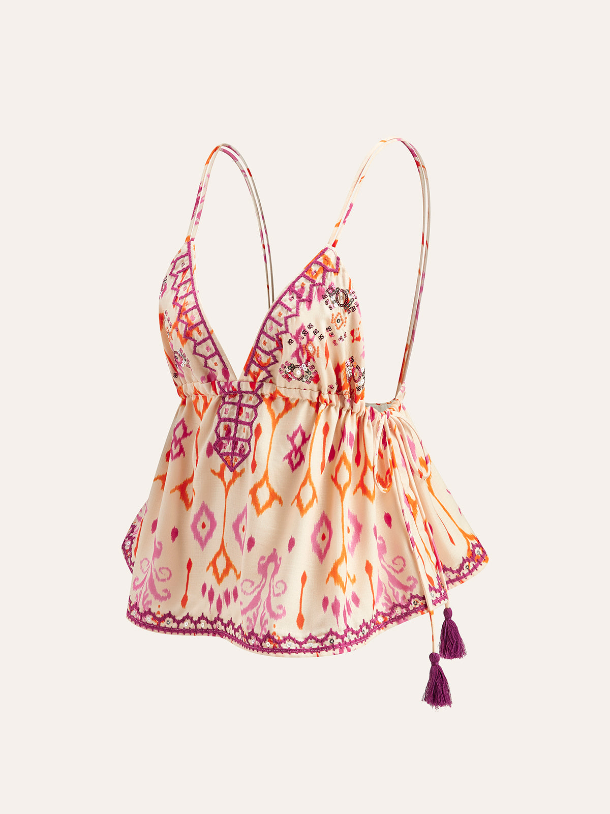 Nora - Embroidered Boho Tassel Tie Cami Top