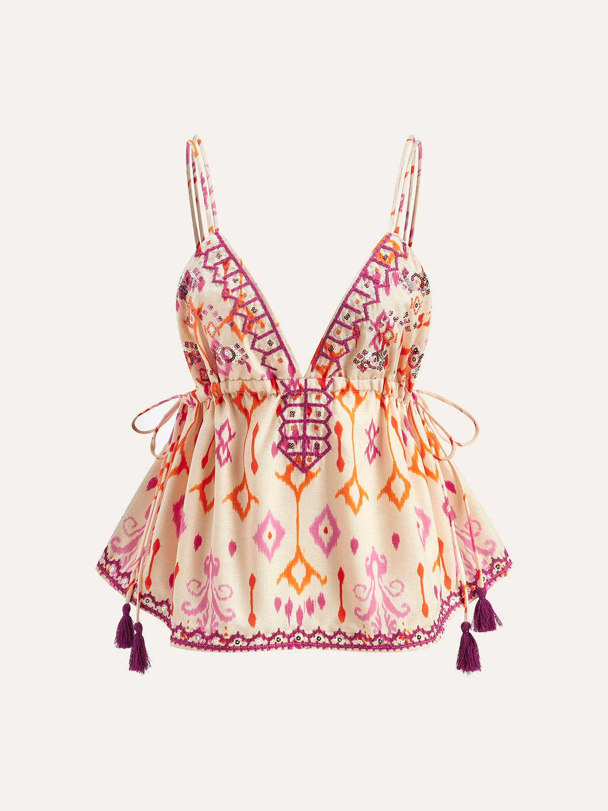 Nora - Embroidered Boho Tassel Tie Cami Top