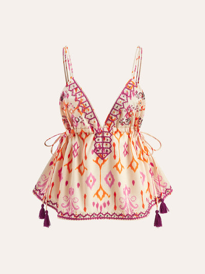 Nora - Embroidered Boho Tassel Tie Cami Top