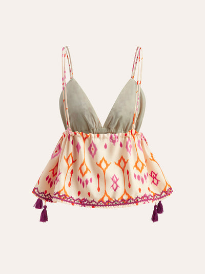 Nora - Embroidered Boho Tassel Tie Cami Top