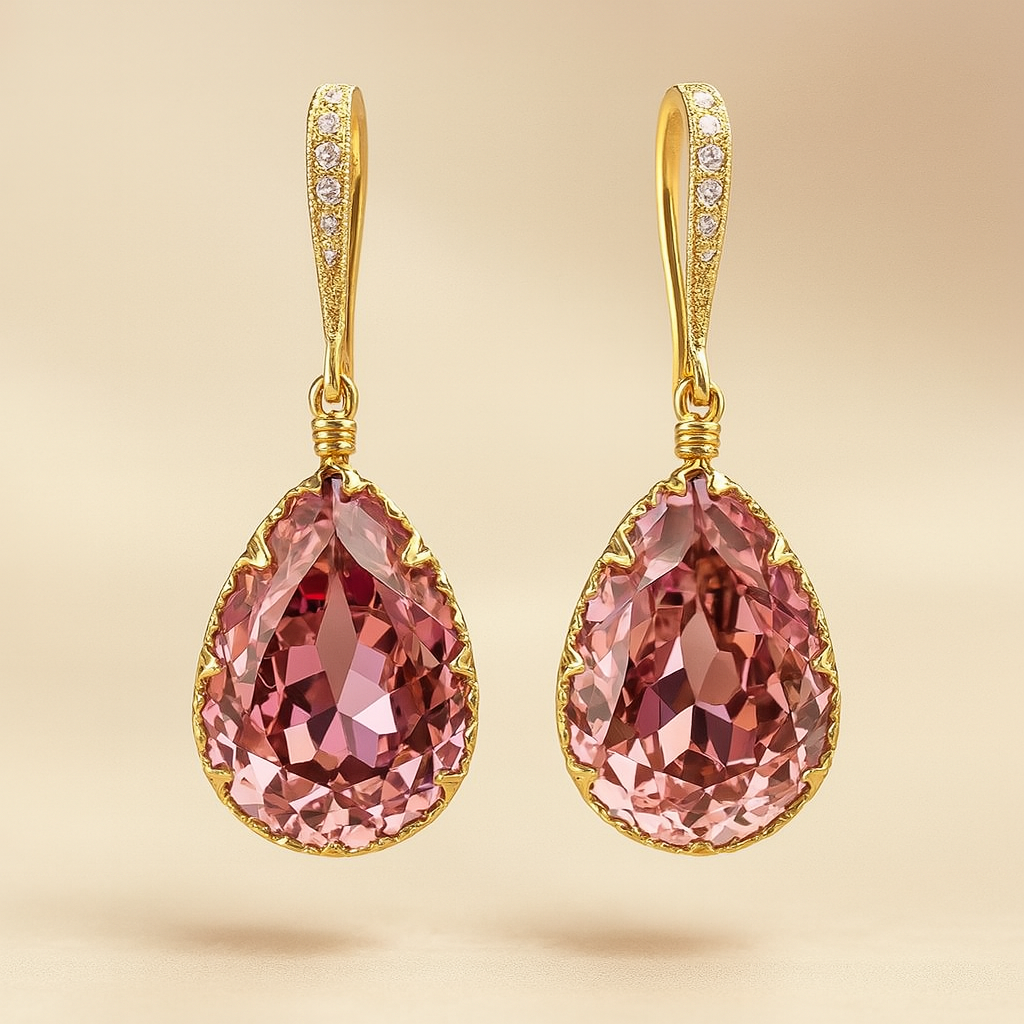 Women's Gold Earrings with Pink Crystal Drop - Lina