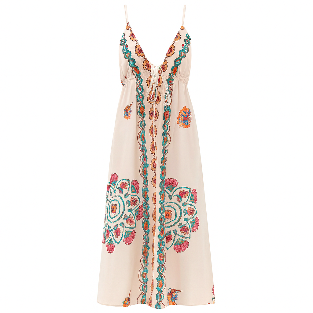 Long dress halter neckline floral embroidery - Elara