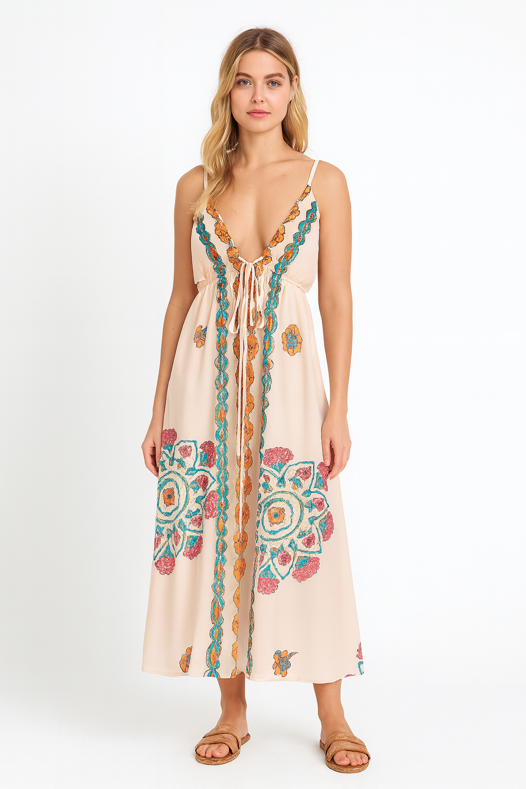 Long dress halter neckline floral embroidery - Elara