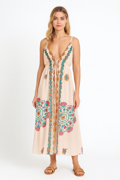 Long dress halter neckline floral embroidery - Elara