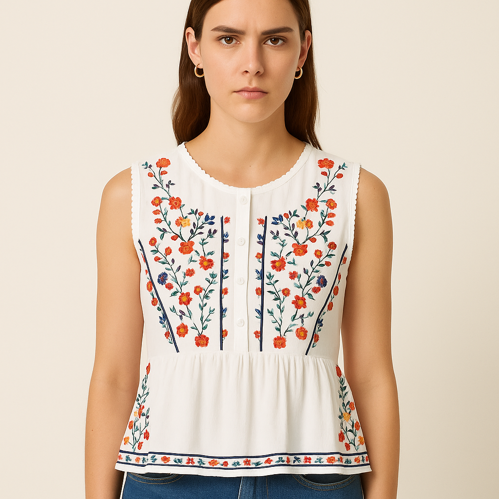 Bohemian floral embroidered sleeveless blouse - Alondra
