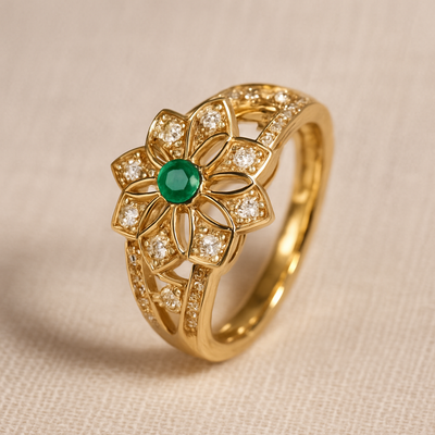 Women's Vintage Gold Flower Ring Green & White Crystals - Mireille