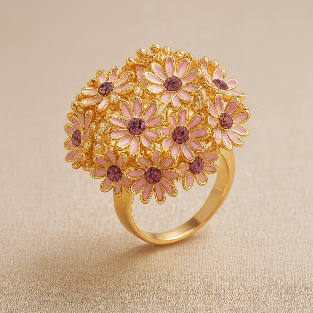 Women's Gold Flower Ring Pink Crystals Vintage Cluster - Ameline