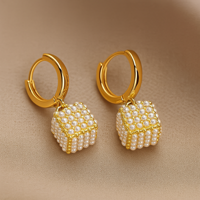 Women's Gold Hoop Earrings Pearl Cube Drop - Celestine