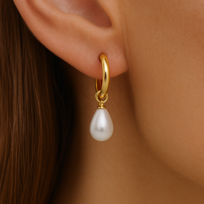 Women's Gold Earrings with White Drop Pearl - Dalia