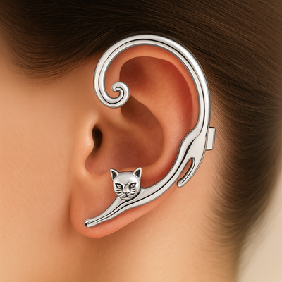 Silver Plated Woman Earrings with Curved Cat Design - Greta
