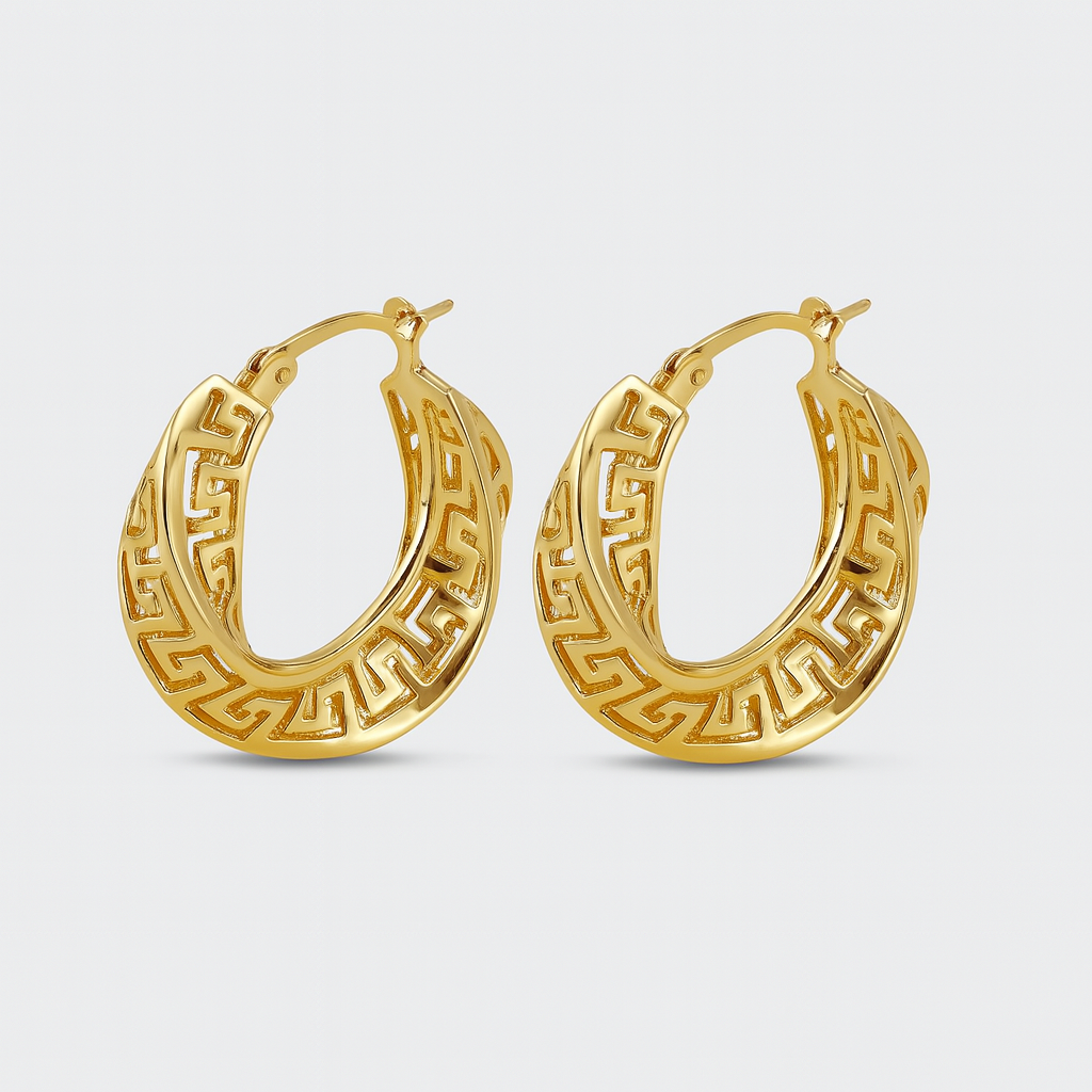Women's Geometric Engraved Golden Hoop Earrings - Helga