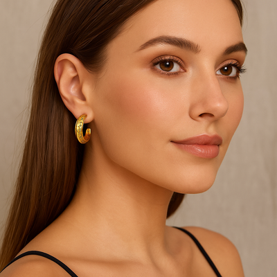 Women's Geometric Engraved Golden Hoop Earrings - Helga