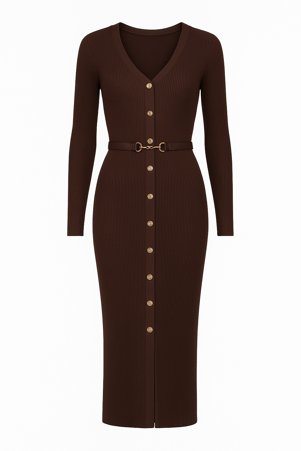 Midi dress knitted buttons thin belt - Maelle