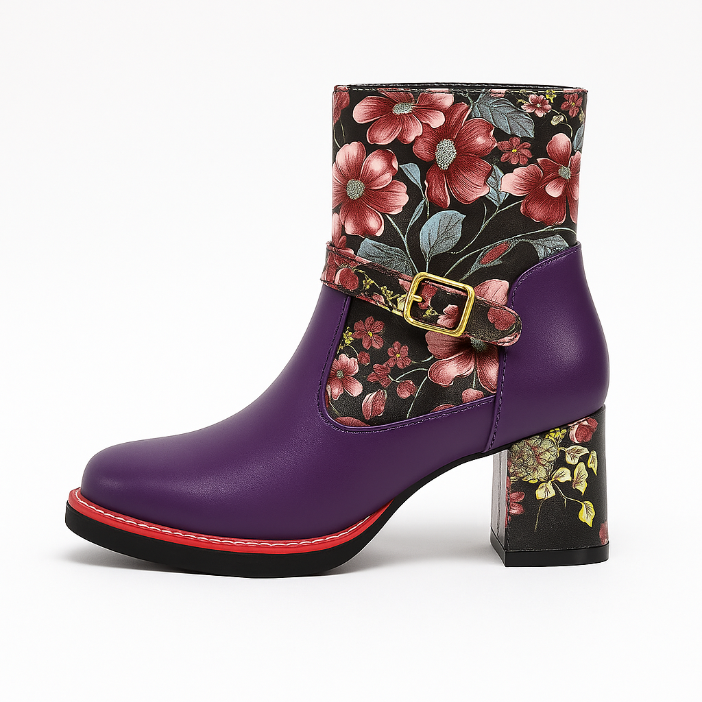 Women's medium heel ankle boots with floral design - Olivia