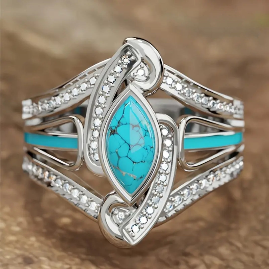 Blue Bright Drop Stone Silver Ring - Rumi