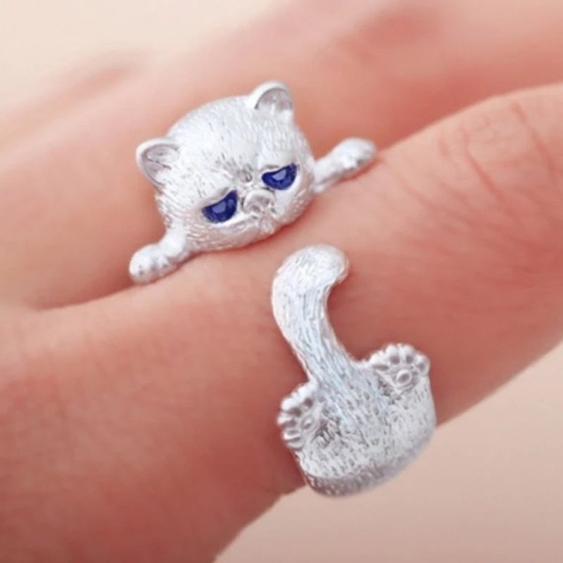 Women's Adjustable Ring Silver Cat Funny Style - Minou