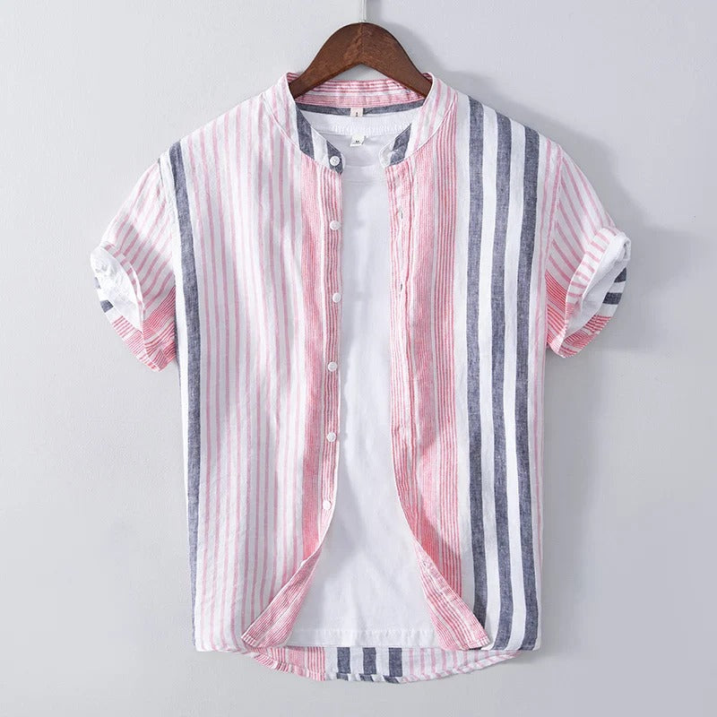 High-quality linen men's shirt in pink and blue