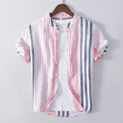High-quality linen men's shirt in pink and blue