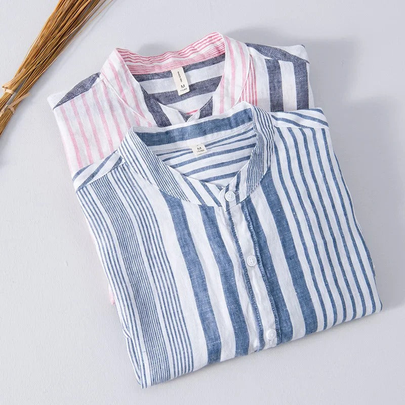 High-quality linen men's shirt in pink and blue