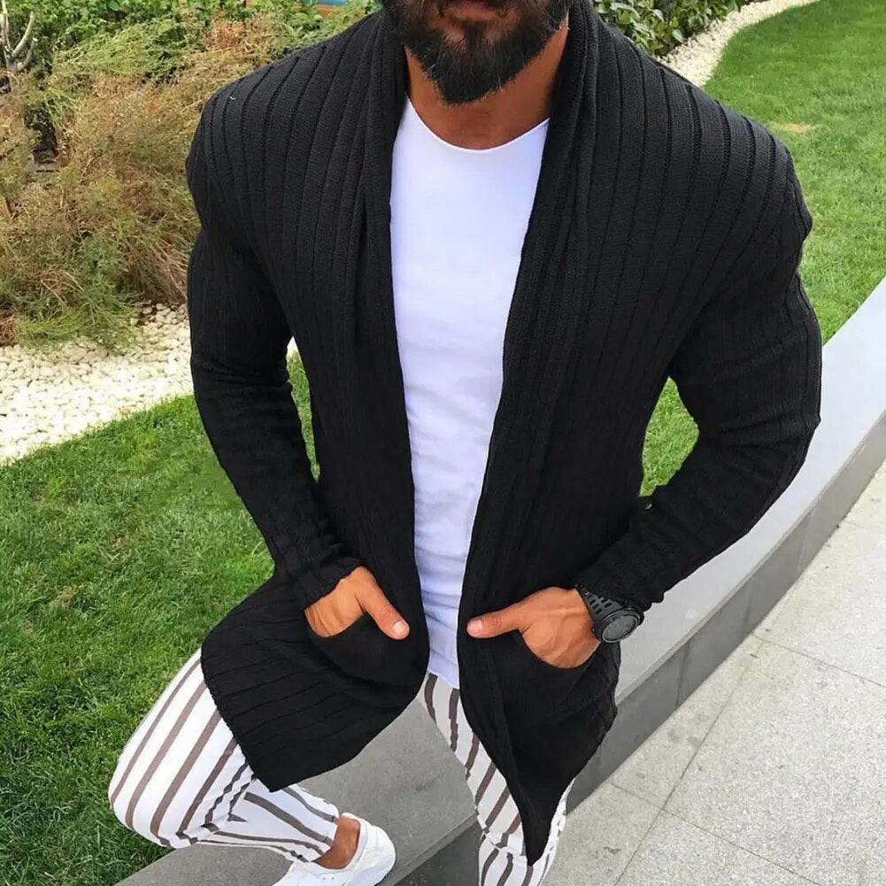 Men's Long Open Front Ribbed Cardigan - Kaiser