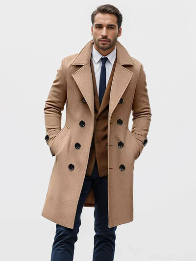 Men’s Camel Double-Breasted Wool-Blend Overcoat – Adrian