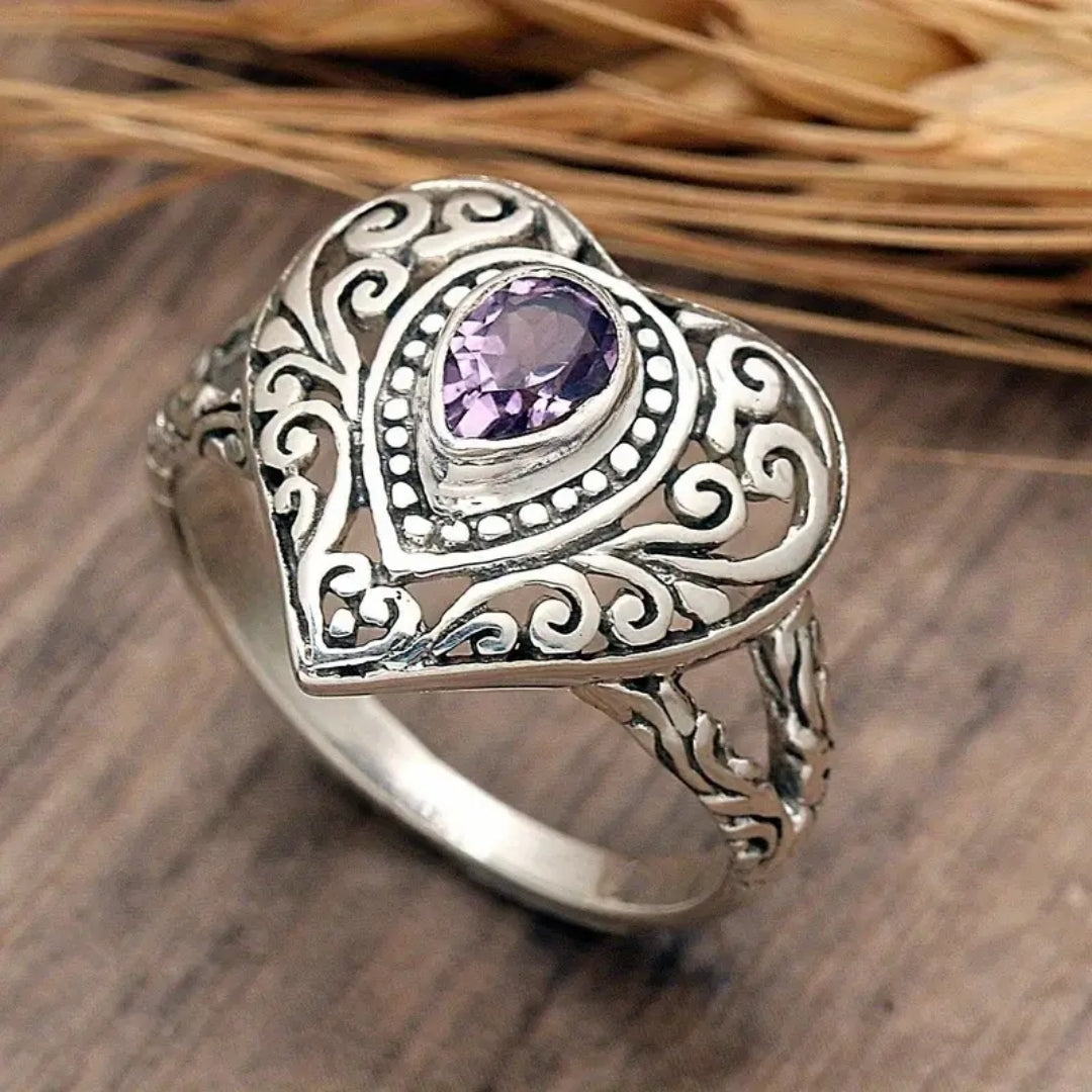 Heart Purple Zirconia Silver Ring - Zara