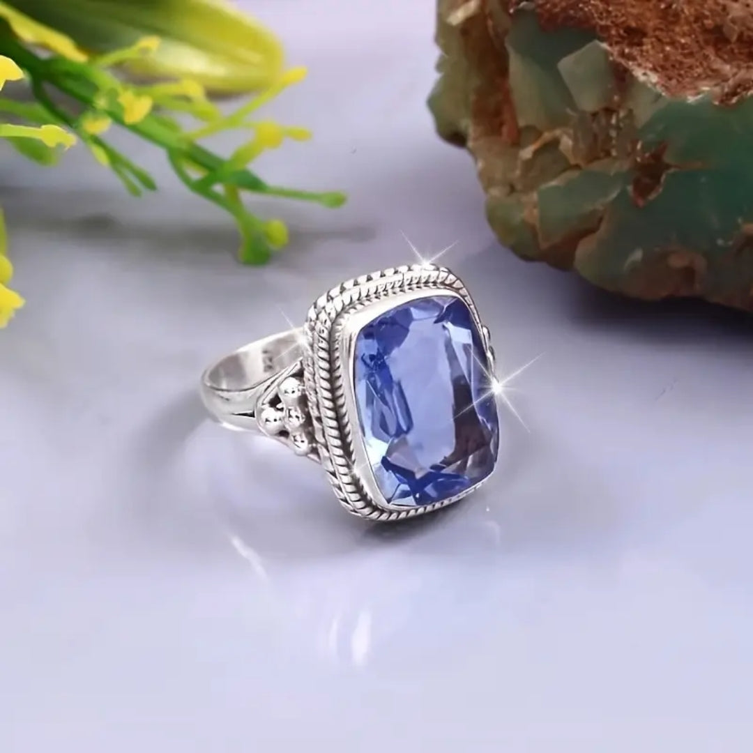 Blue Temper Glass Silver Ring - Maya