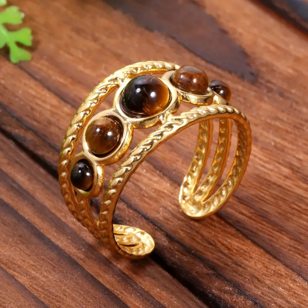 Adjustable Tiger Eye Stone Gold Ring - Kaia