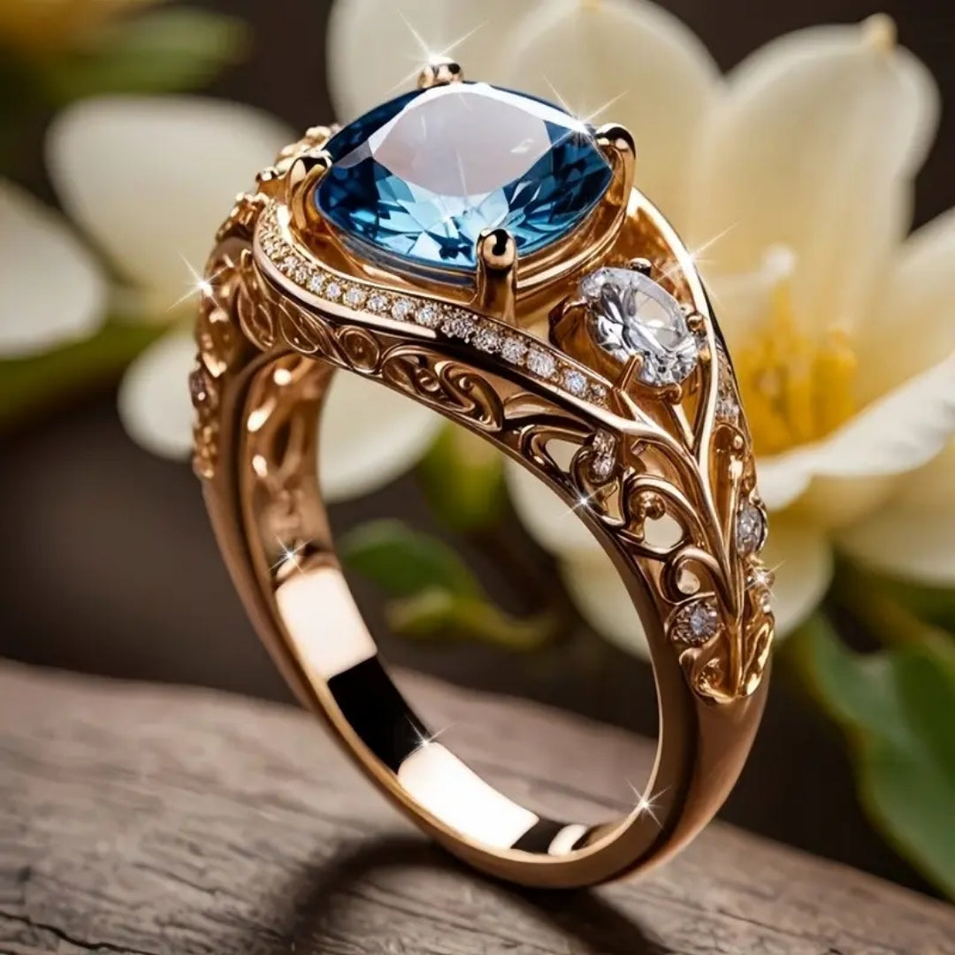 Exotic Light Blue Hollow Gold Ring - Lila