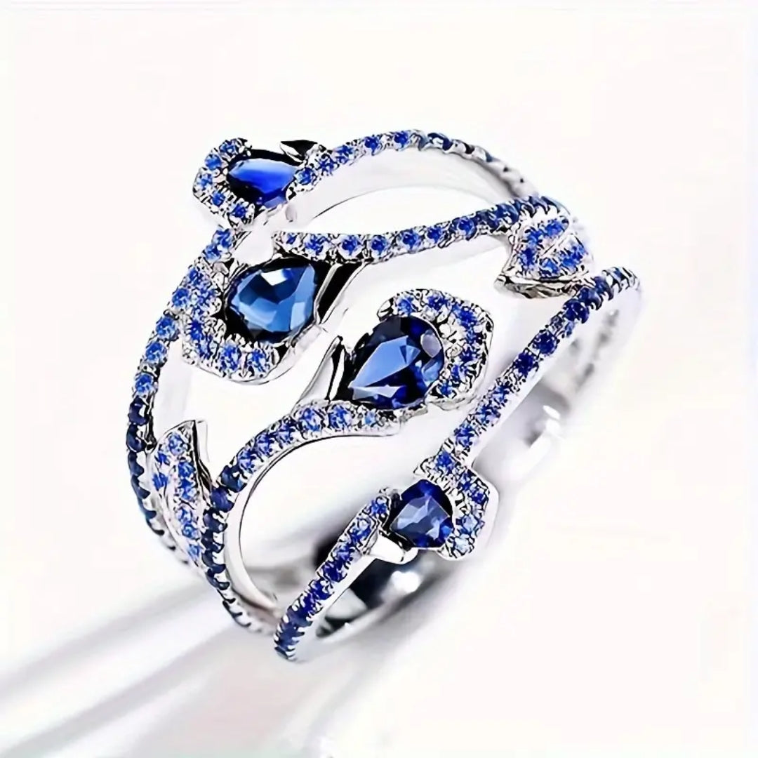 Irregular Blue Crystalline Silver Ring - Alina