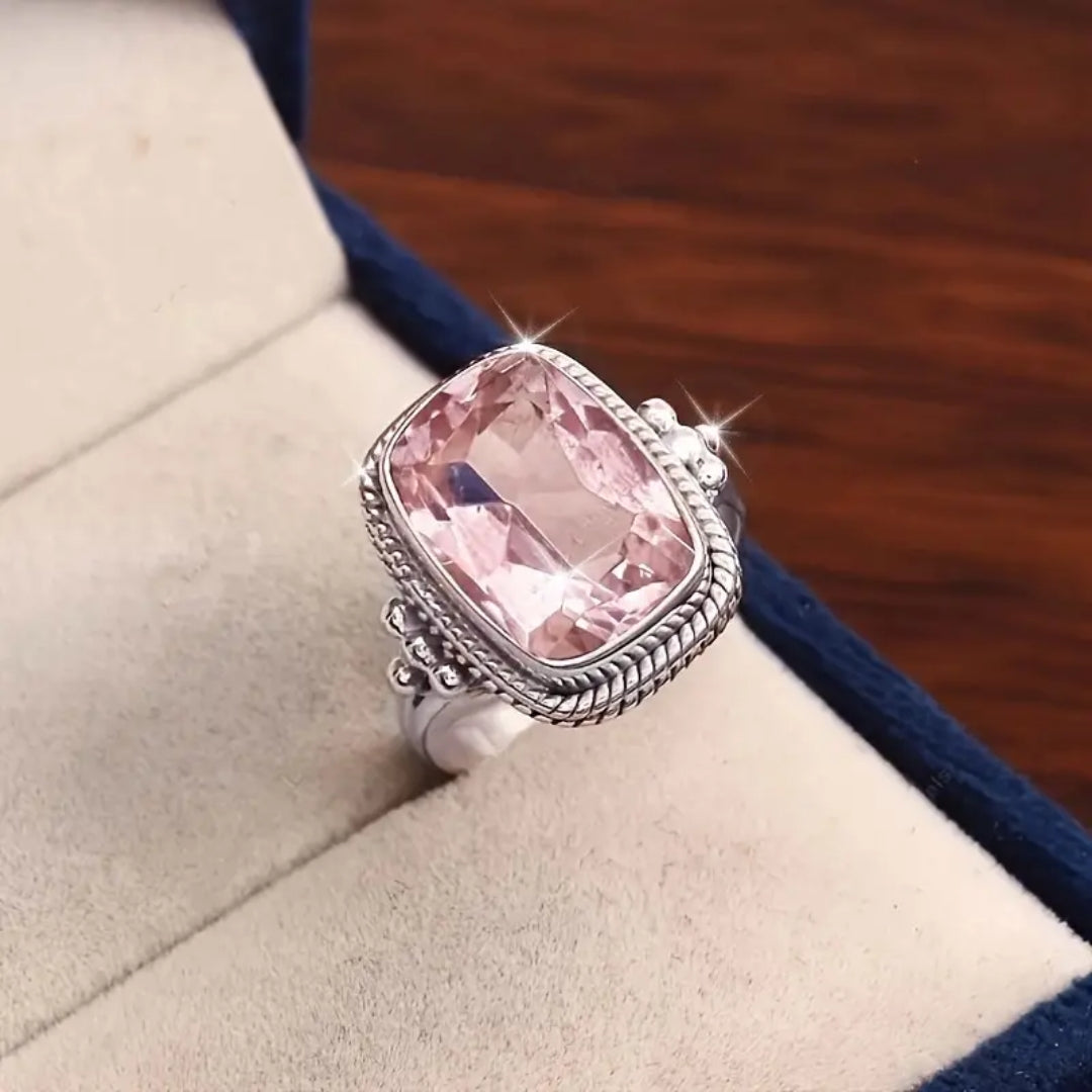 Pink Cubic Glass Silvered Ring - Ari