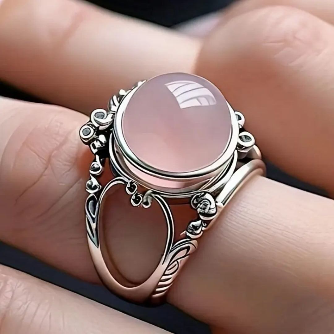 Pink Rounded Stone Silvered Ring - Aria