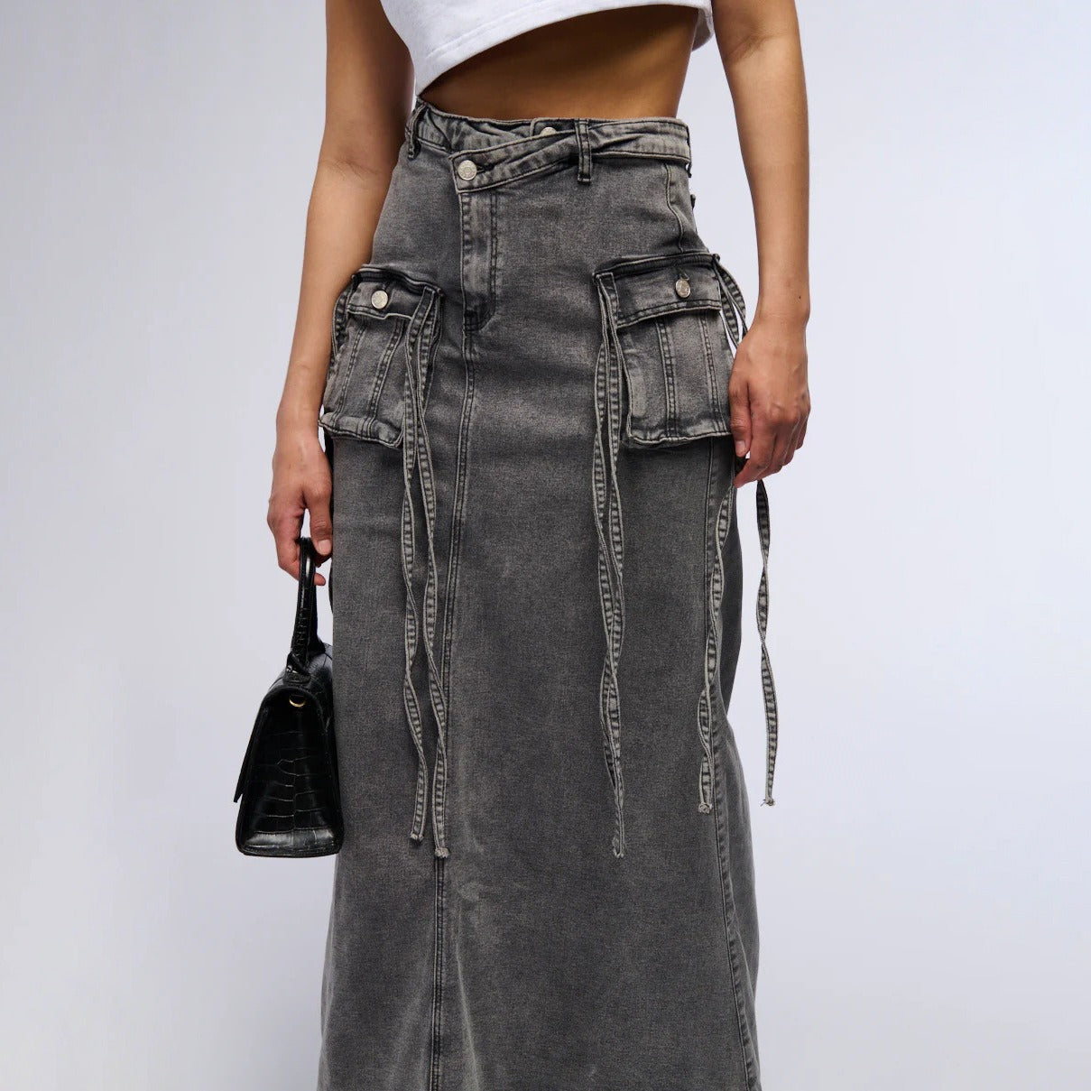 Women's denim long skirt with utility pockets straight style - Renata