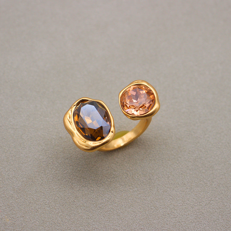 Women's Adjustable Gold Rhinestone Ring with Dual Gemstones - Eliane