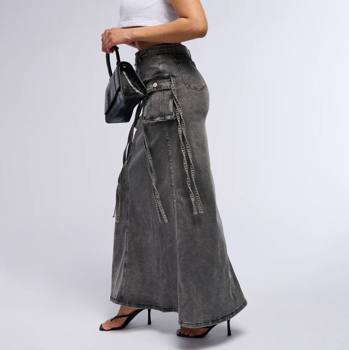 Women's denim long skirt with utility pockets straight style - Renata