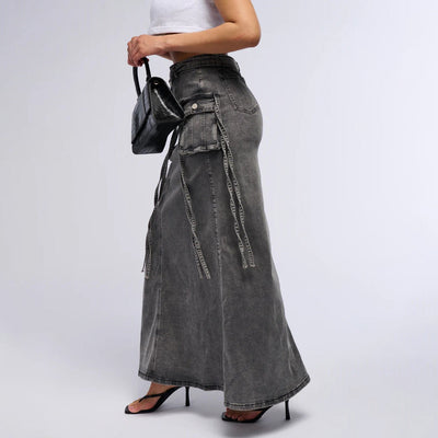 Women's denim long skirt with utility pockets straight style - Renata