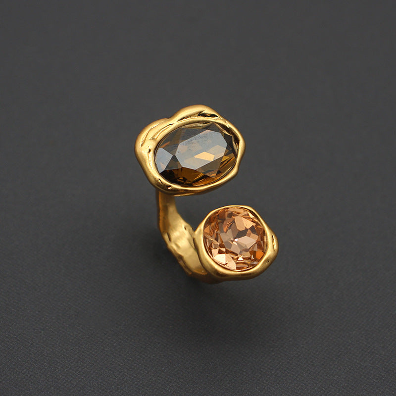 Women's Adjustable Gold Rhinestone Ring with Dual Gemstones - Eliane