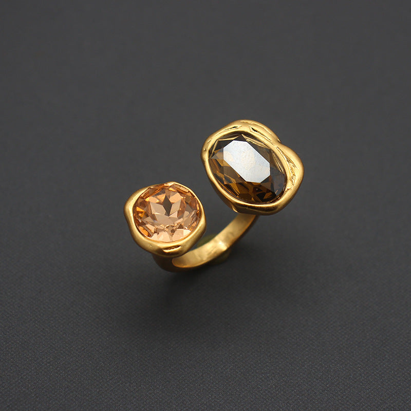 Women's Adjustable Gold Rhinestone Ring with Dual Gemstones - Eliane