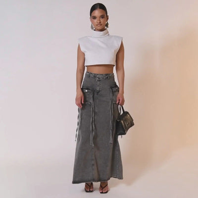 Women's denim long skirt with utility pockets straight style - Renata