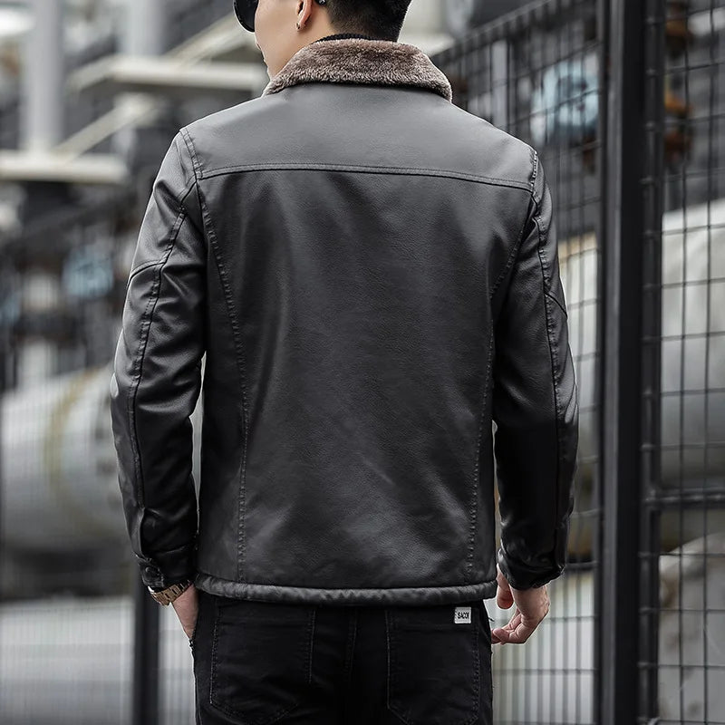 Men's leather jacket with collar - Leon